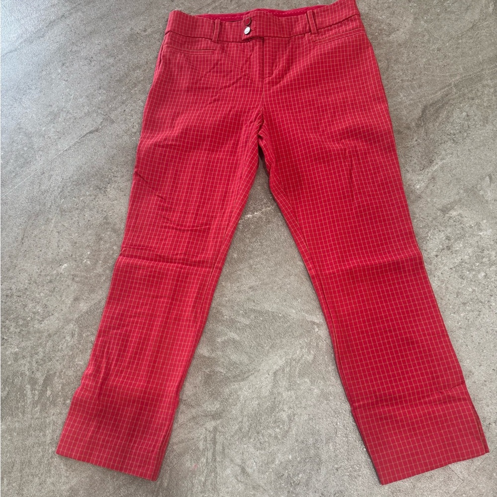 Anthropologie The Essential Slim Red Plaid Grid Pants Trousers Size 8